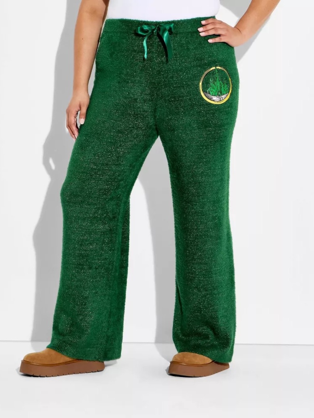 Wide-Leg Knit Pants with Satin Drawstring - Emerald Green